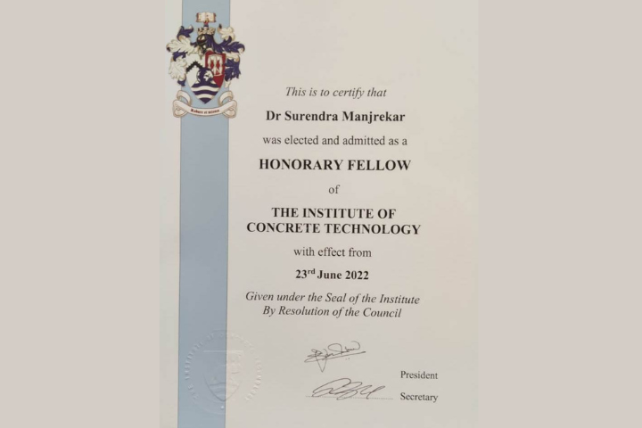 Dr. S K Manjrekar elected as ICT Honorary Fellow certificate